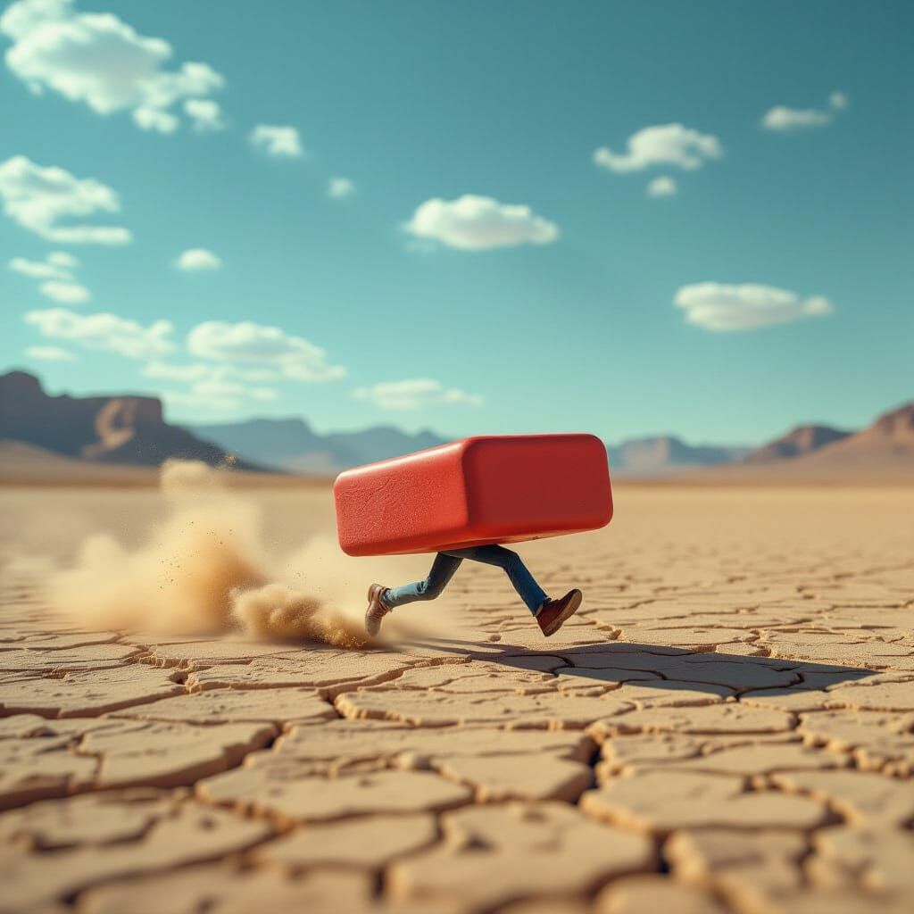 Red Rubber Eraser Races Across Desert Landscape