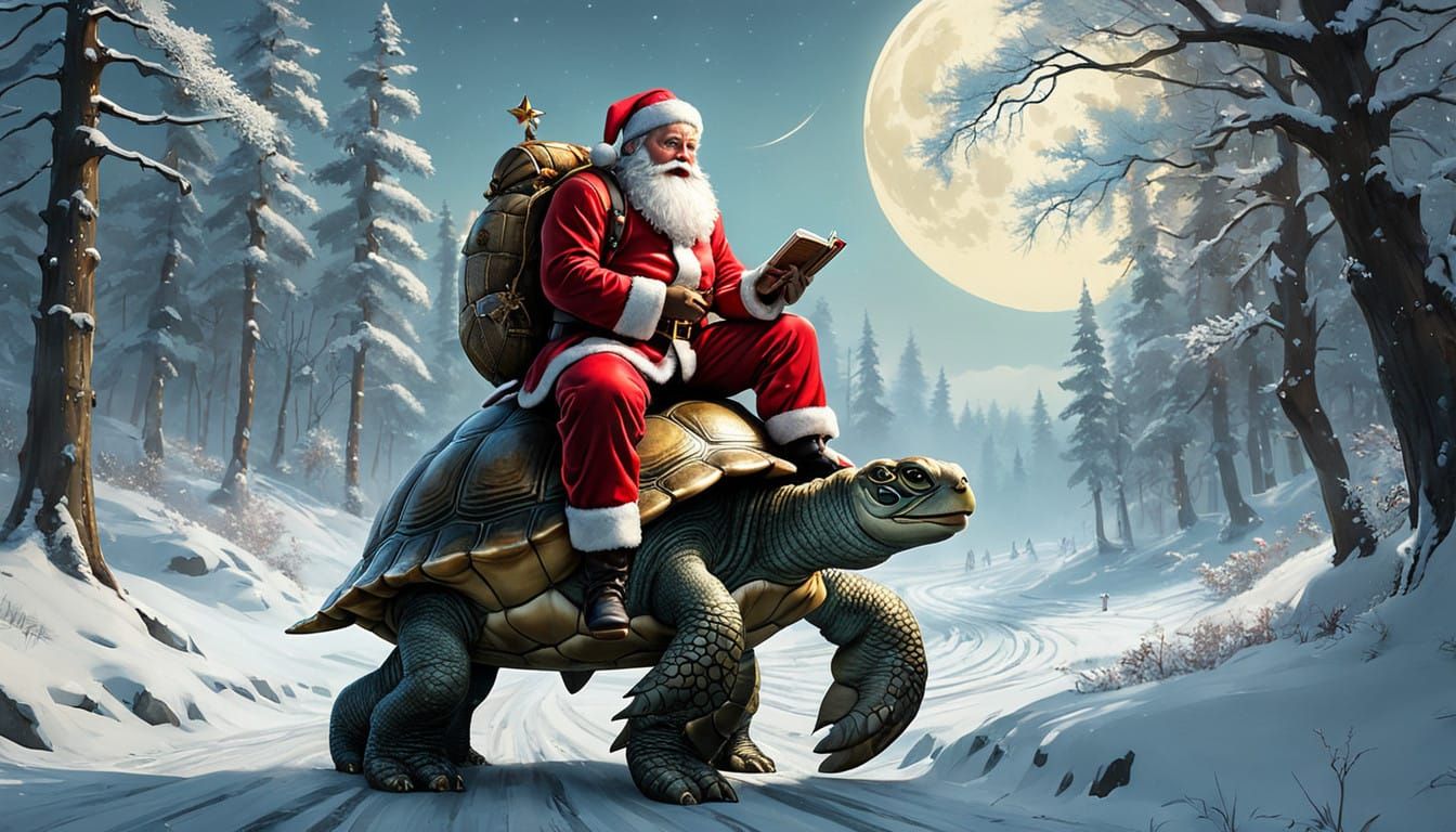 Enchanted Winter Scene with Santa and Gentle Turtle