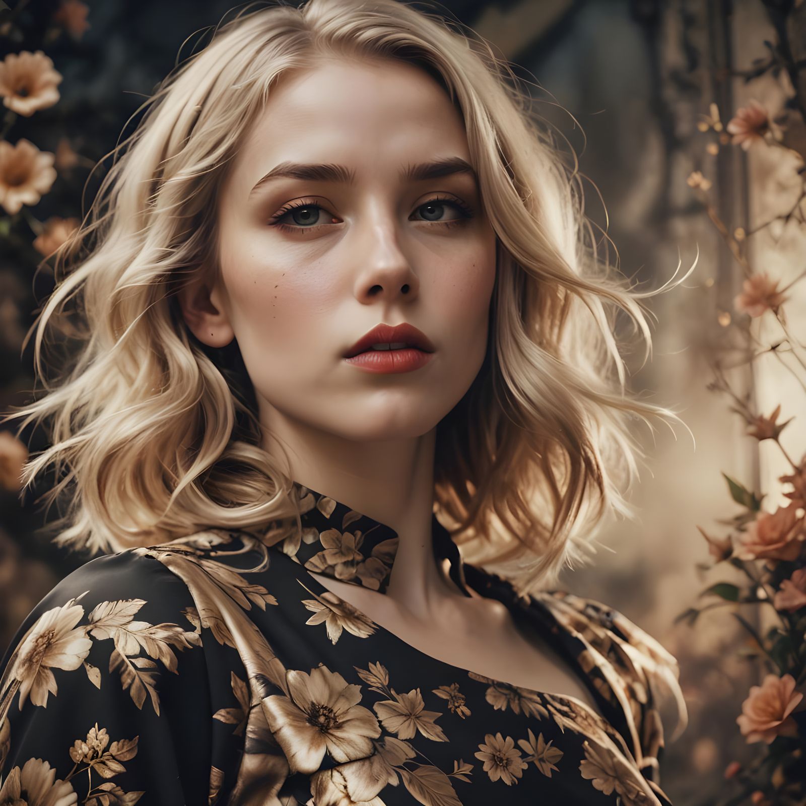 Vintage Selfie: Blonde Woman in Floral Dress