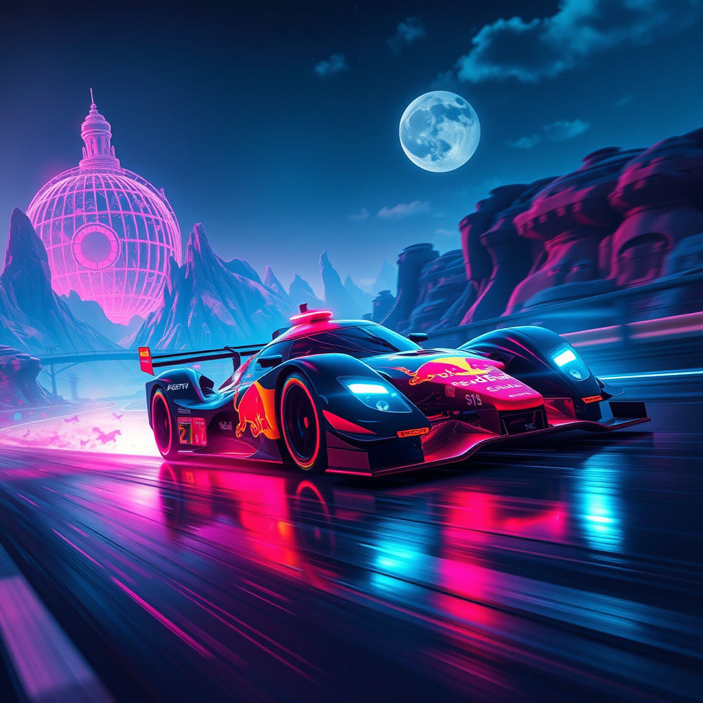 Neon Red Bull Race Car in Dreamlike Landscape