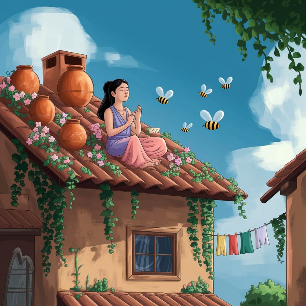 Peaceful Devotee on Flower-Covered Roof in Miyazaki Style