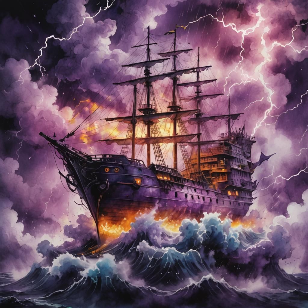 Glowing Mythological Ship in Watercolor Ink Splash