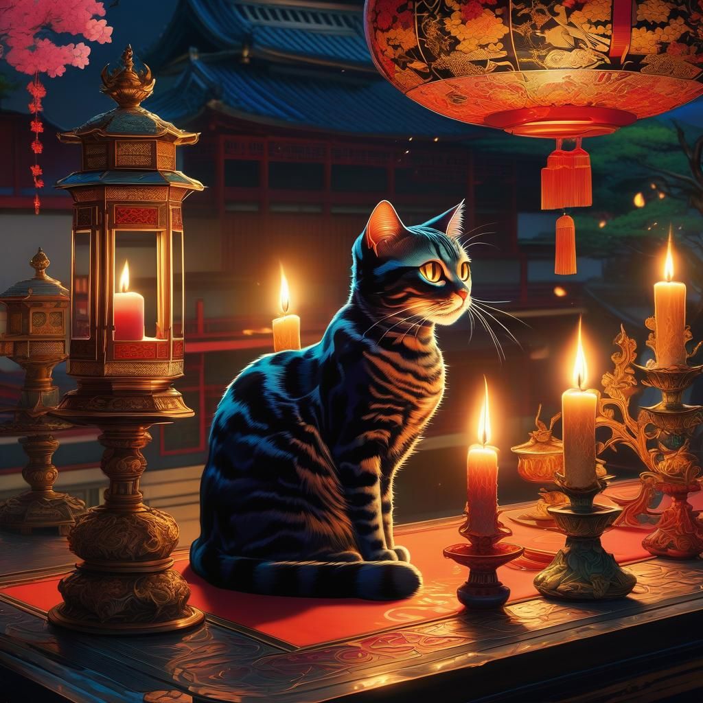 Wide-Eyed Cat and Candle in Anime Style
