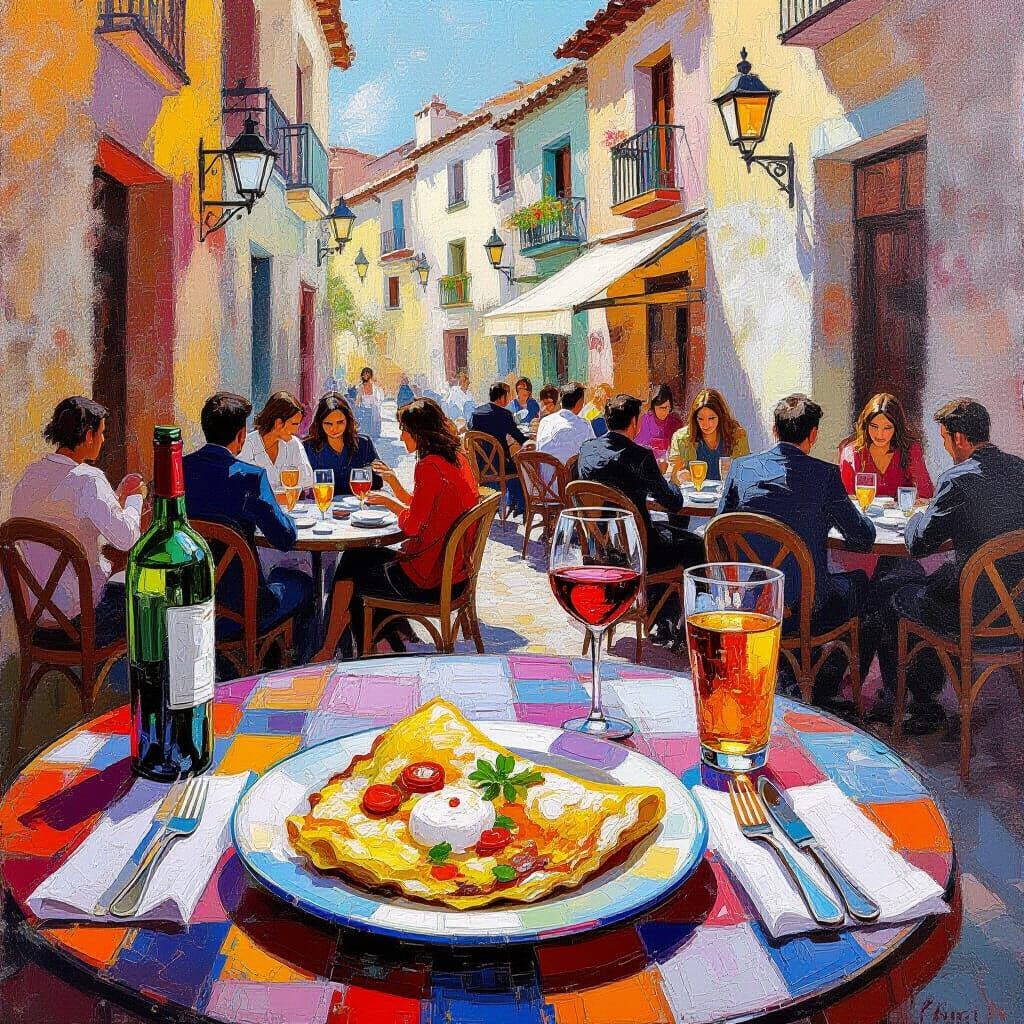 Spain Bar Scene in Neo-Impressionist Style