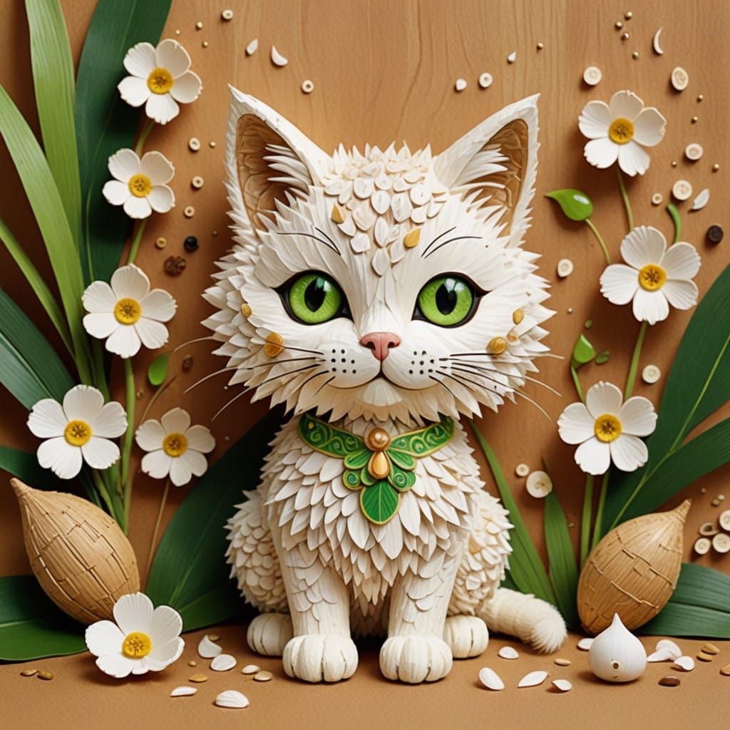 Whimsical Coconut Kitten in Folk Art Style