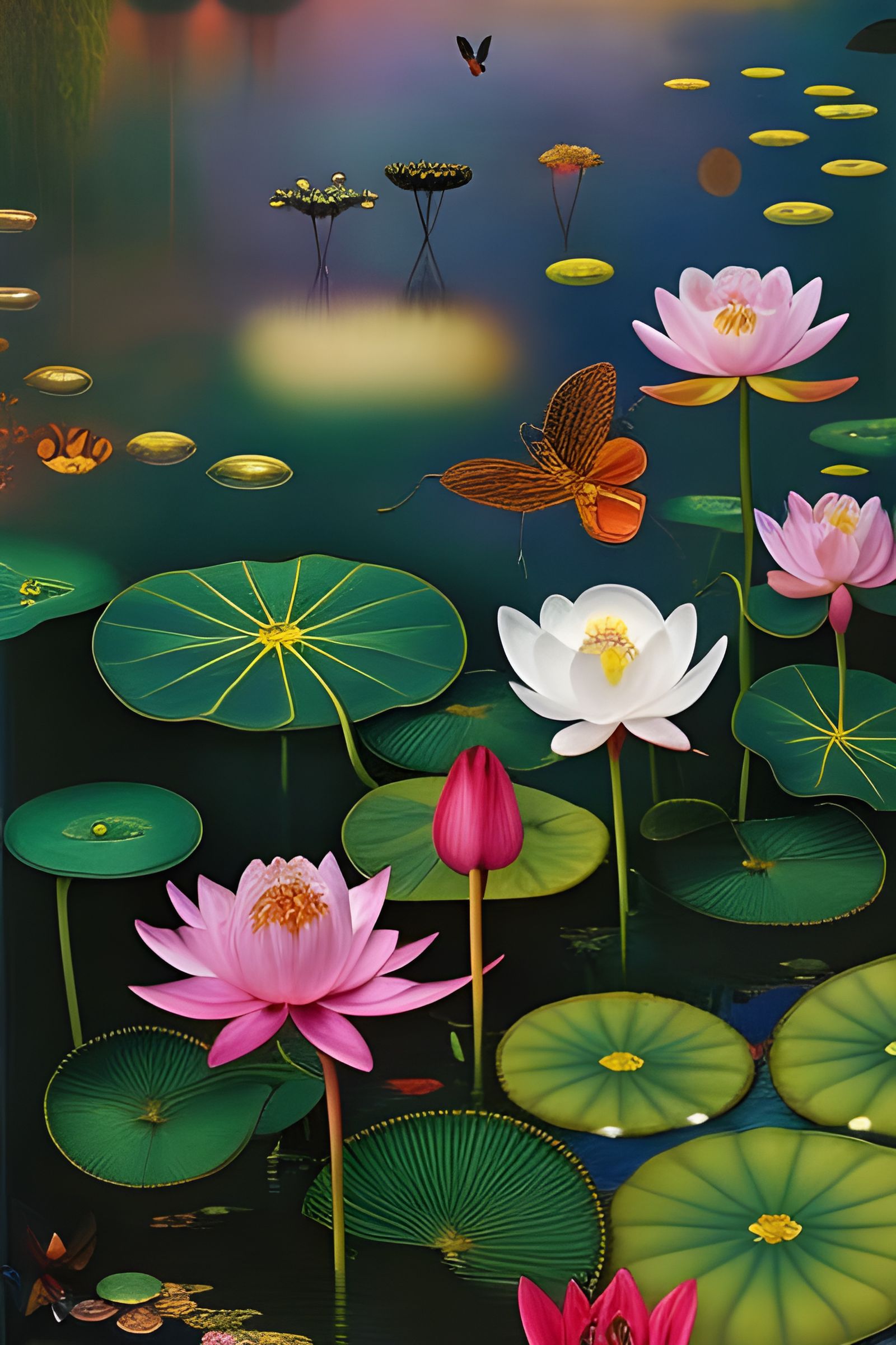 Surreal Lotus Flower and Fruits Oil Painting