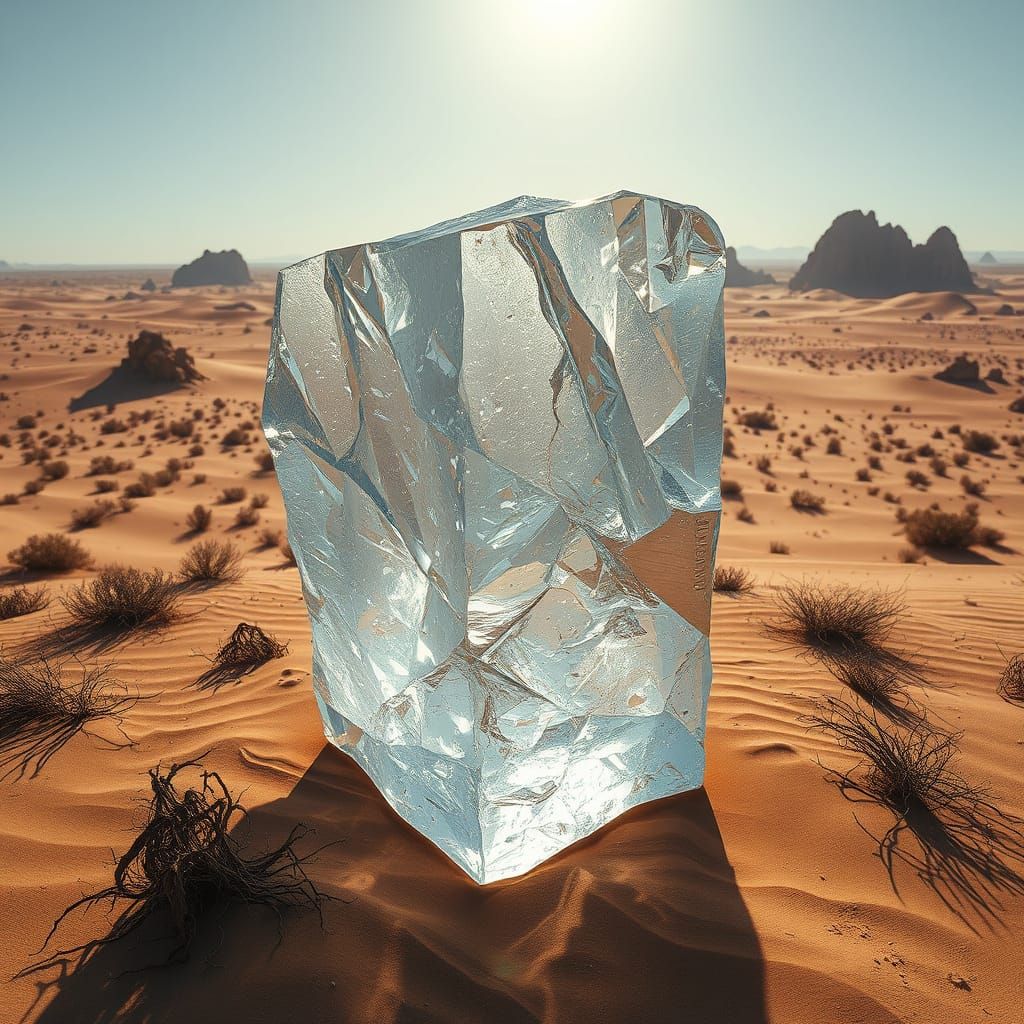 Crystal Ice Block in Arid Desert Oasis, Hyperrealistic