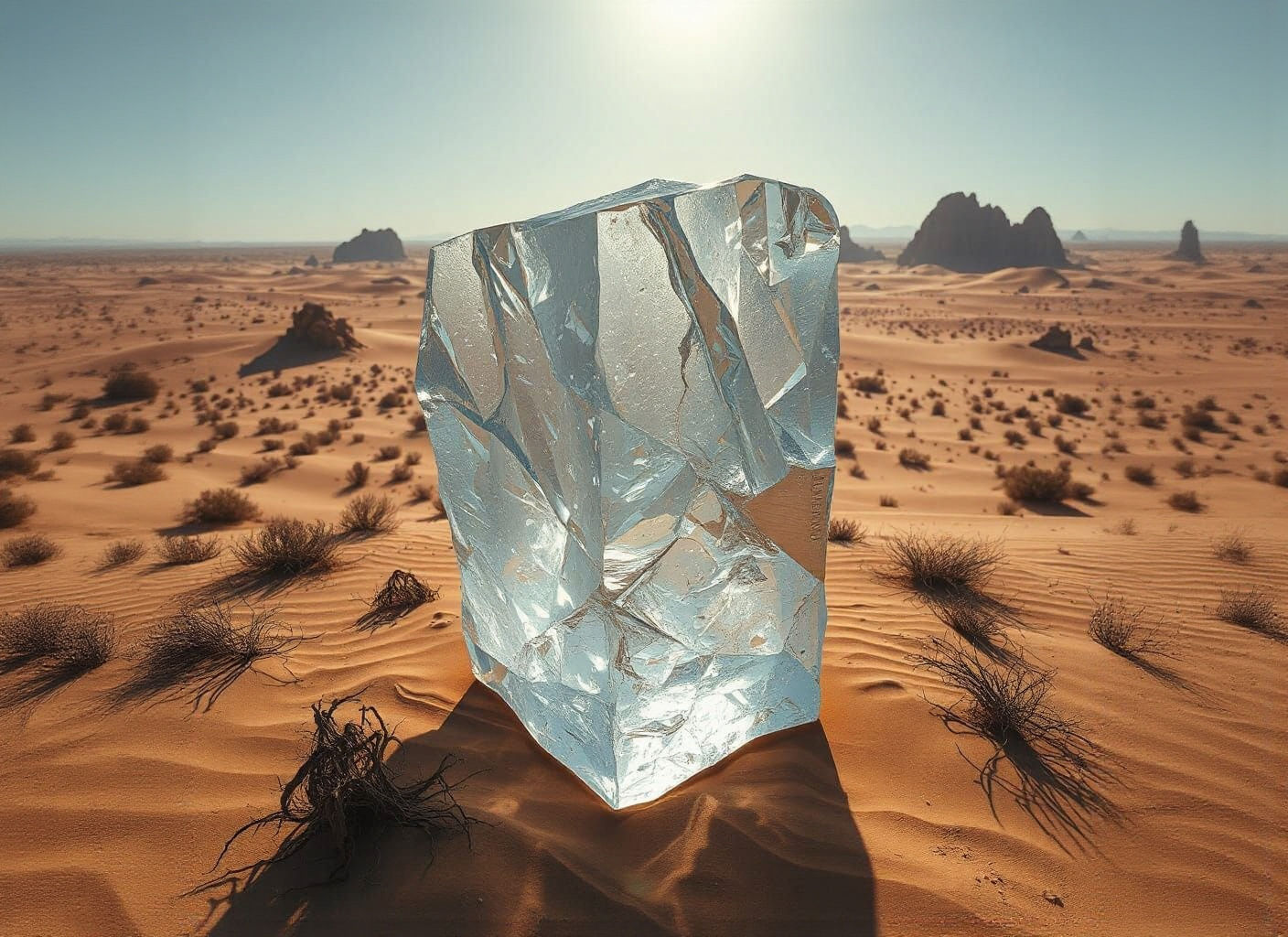 Hyperrealistic Ice Block in Arid Desert Landscape