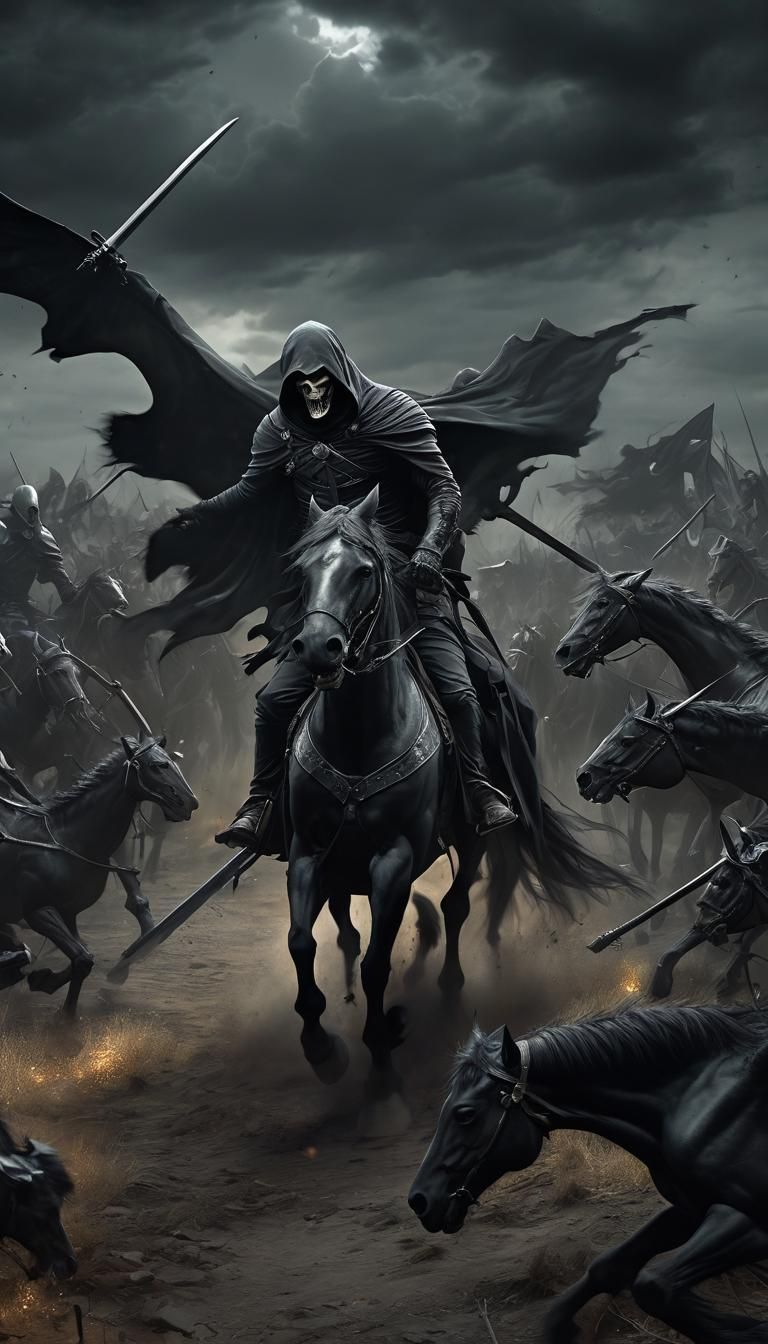 Grim Reaper Rides Through Battlefield: Dark Fantasy Art