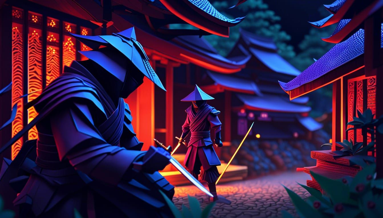 Origami Ninja Stalks Samurai in Feudal Village
