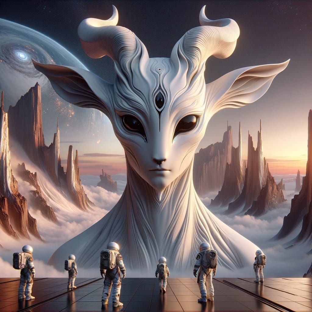 Surreal Deer God Confronts Astronauts in Sci-Fi Landscape