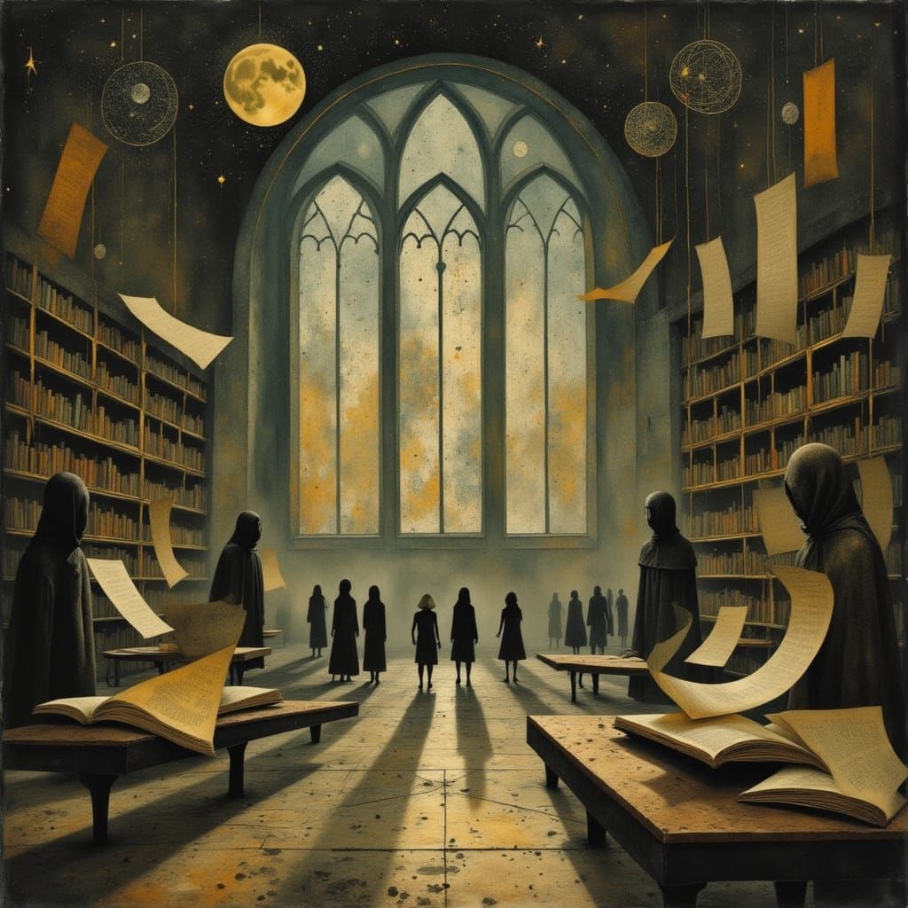 Mystical Library with Floating Scrolls in Ethereal Light