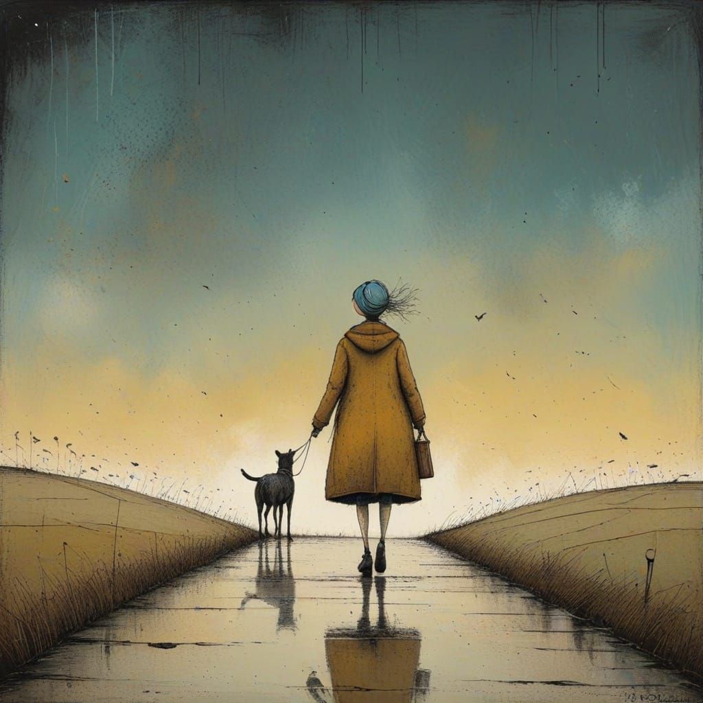 Charming Naive Art Scene with Whimsical Figures