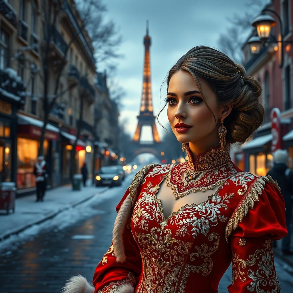 Elegant Christmas Outfit in Snowy Parisian Style