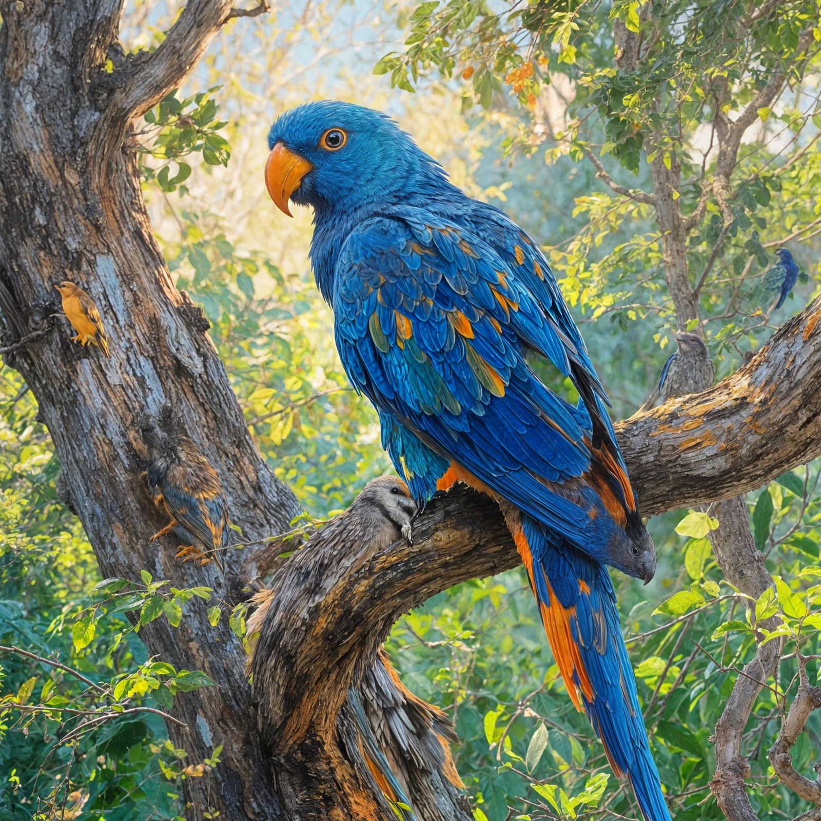 Vibrant Blue Parrot on Tree Branch, Oil Painting Style
