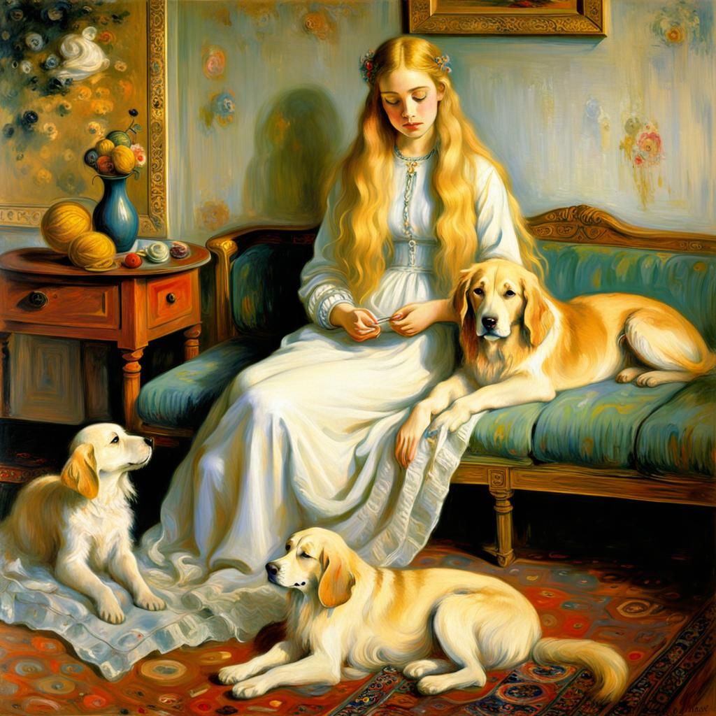 Girl Knitting, Inspired by Klimt and Sargent