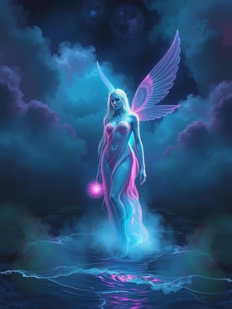 Celestial Goddess in Vibrant, Electric Style