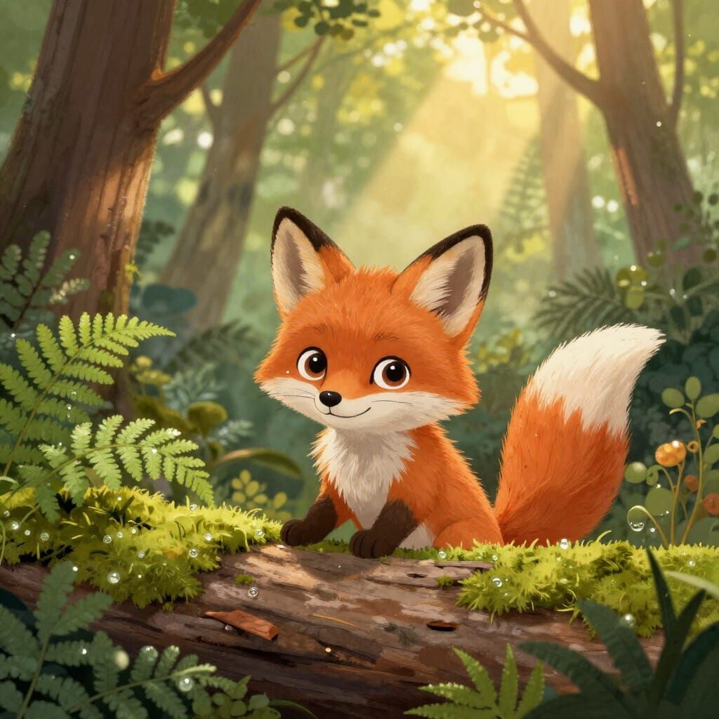 Playful Fox Cub Peeking from Forest Log in Children's Book S...