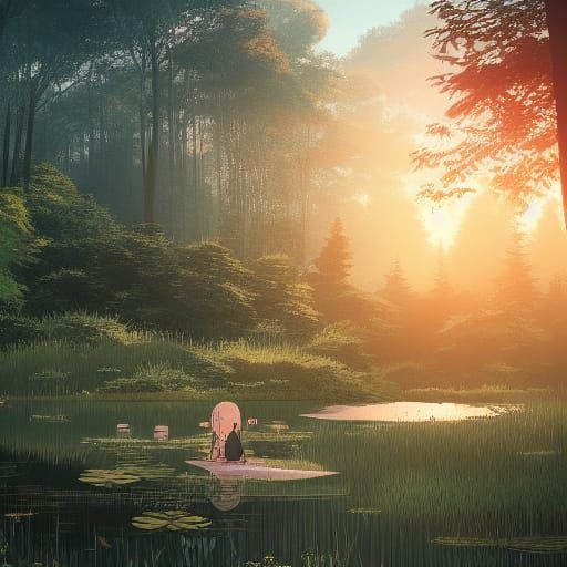 Ghibli-Inspired Evergreen Forest Pond at Sunset