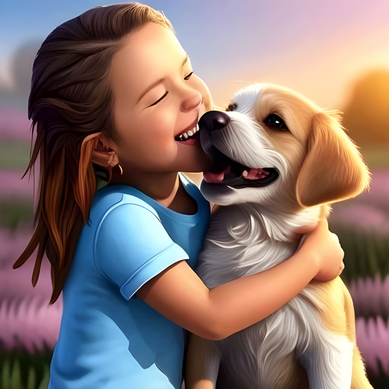 Puppy Love: Girl's Face Licked in Action Painting Style