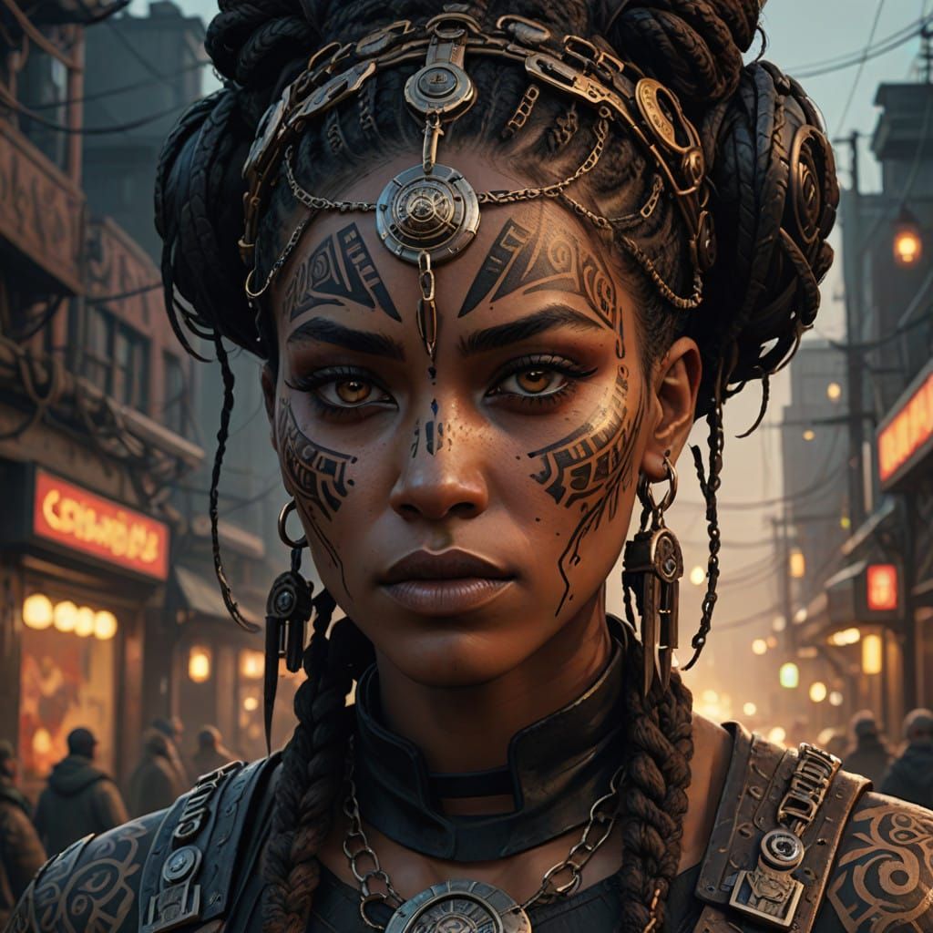 Strong Mixed-Ethnicity Warrior in Dark Tribal Face Paint and...