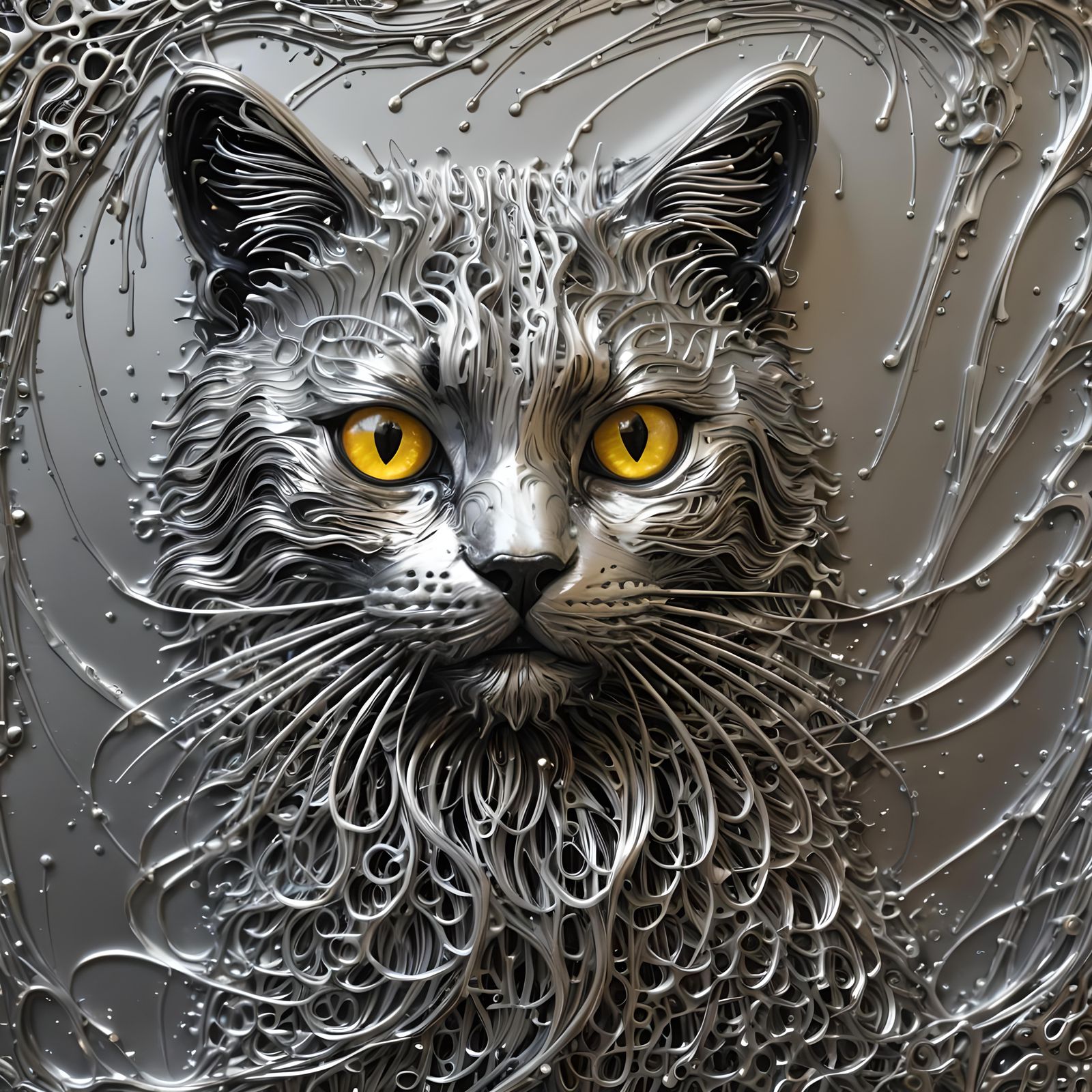 Ferrofluid Cat with Glowing Eyes and Fractal Art