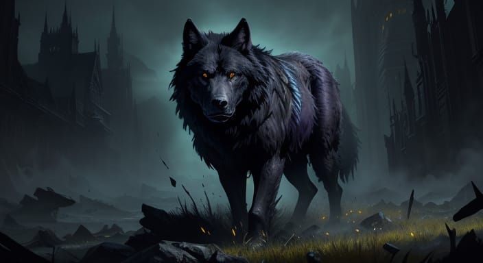 Majestic Black Wolf with Green Eyes in Dark Fantasy