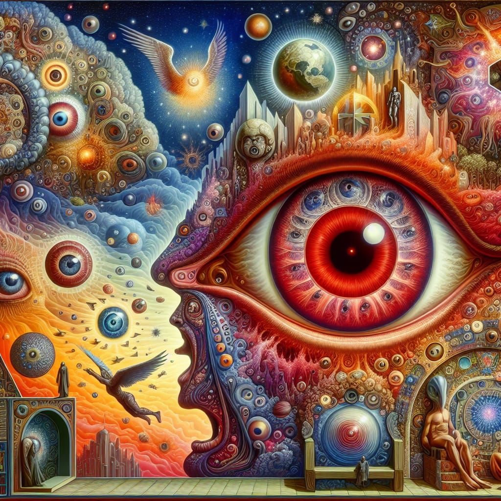 Surreal Dreamscape with Floating Islands and Celestial Eyes