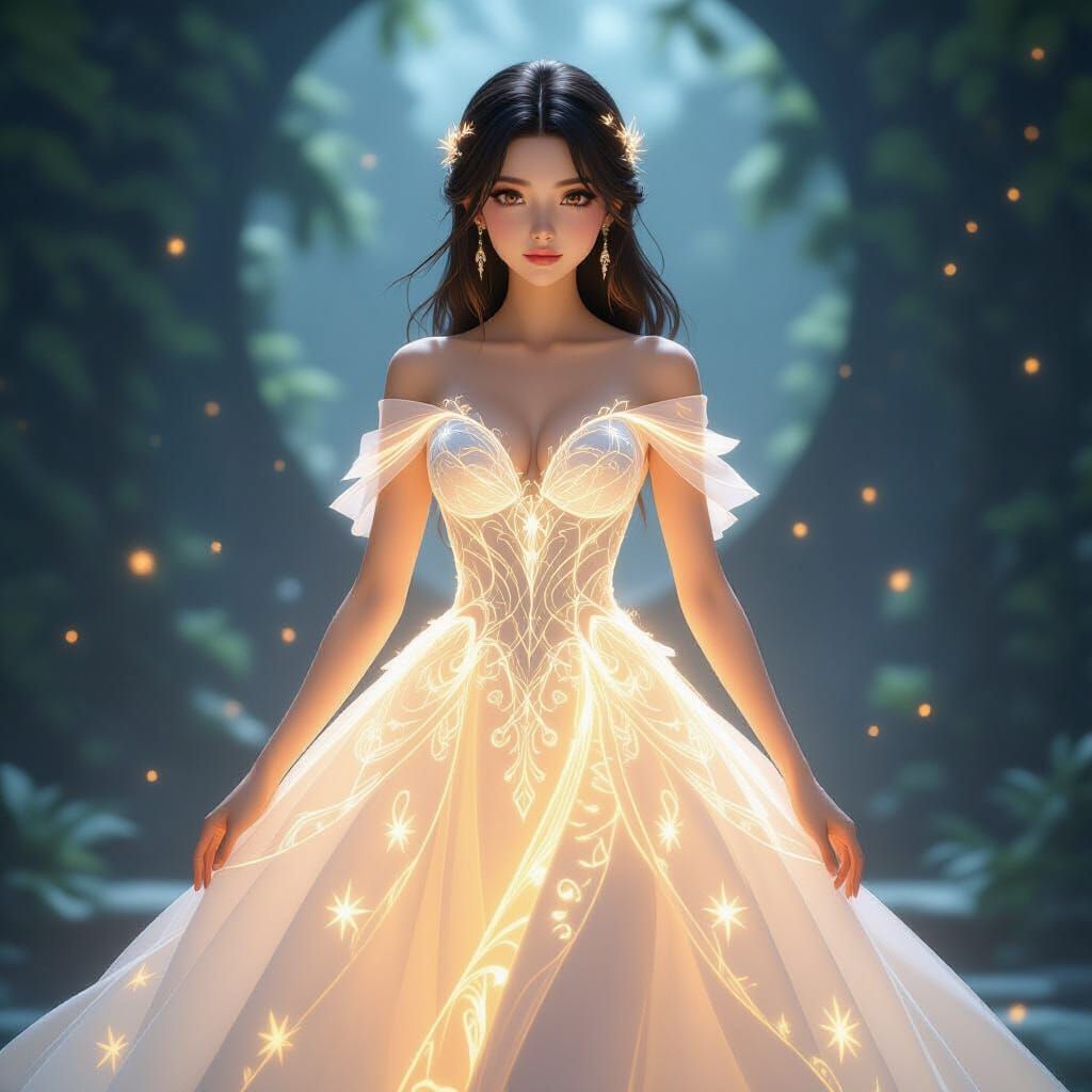 Woman in Magnificent Glowing Dress with Celestial Motifs