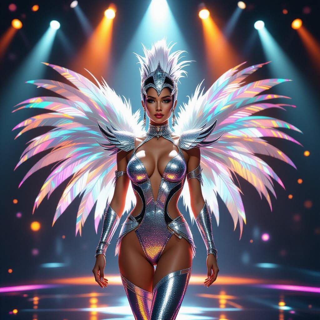 Futuristic Showgirl Under Neon Lights in Sci-Fi Style