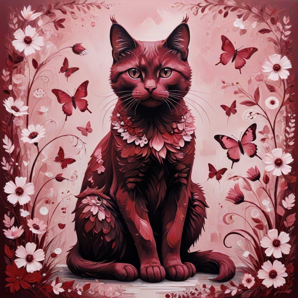 Abstract Elegant Cat in Soft Pink and Red