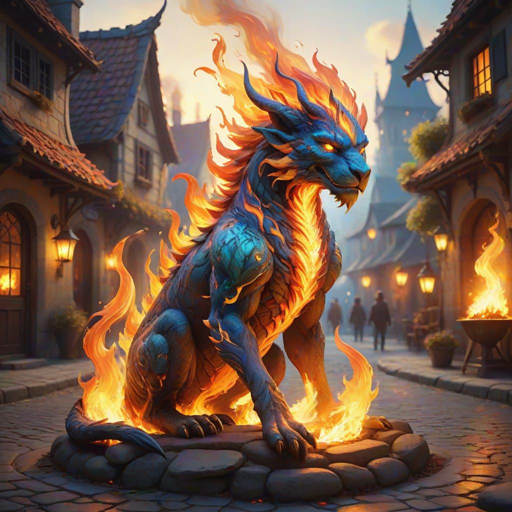 Gentle Flame Creature Interacts with Village Folk