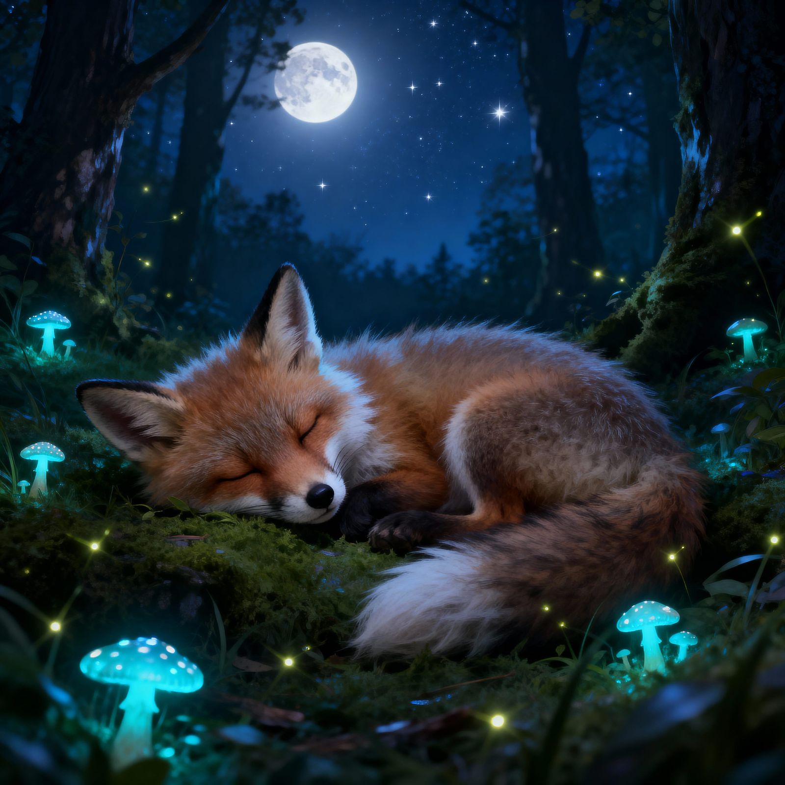 Adorable Fox Cub Sleeps Under Starry Forest Night Sky