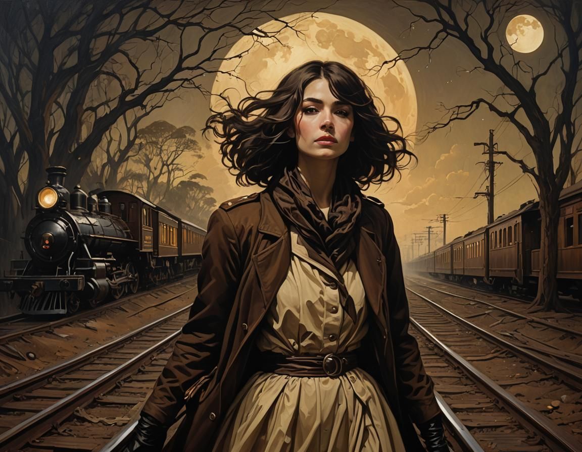 Lone Sorority President on Moonlit Railroad, Tonalism Style