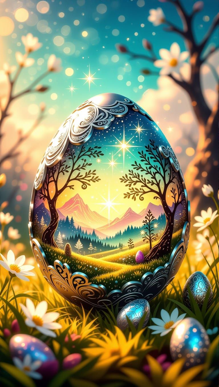 Enchanted Easter Egg Landscape in Whimsical Golden Style