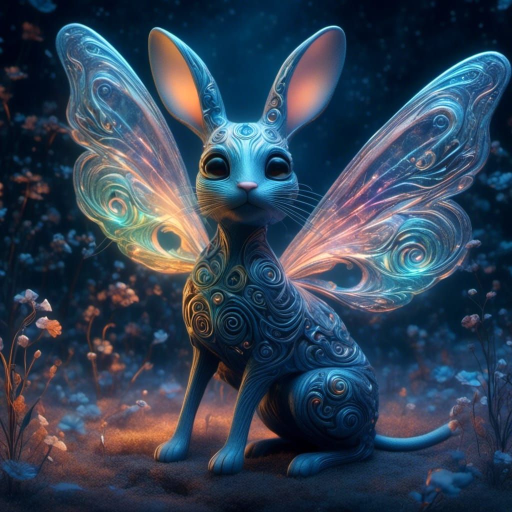 <lora:Blue Period:1.0> a diaphanous cat-like fairy rabbit fe...