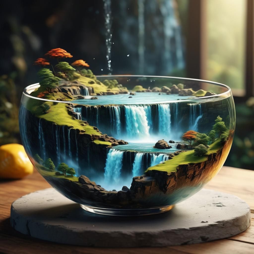 Hyperrealistic Waterfall Landscape in Drop-Shaped Bowl