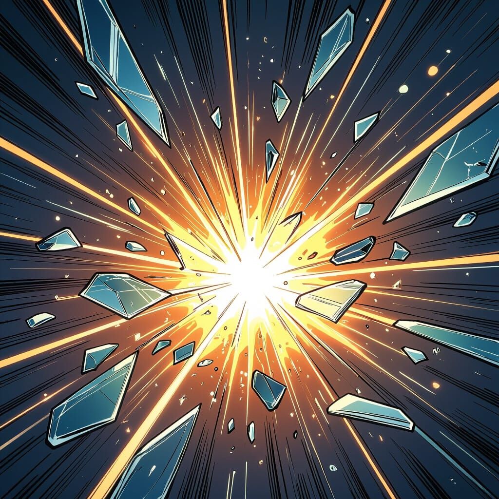 Explosive Glass Shards in Dynamic Comic Art Style