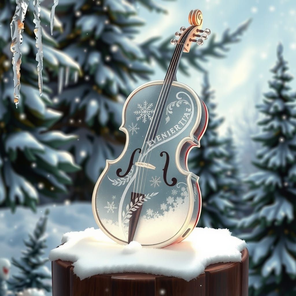 Glass Cello in Whimsical Winter Wonderland Scene