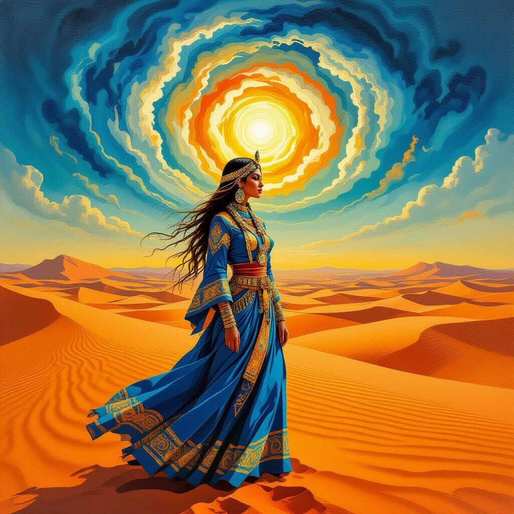 Surreal Woman Shaman in Red Desert, Blue and Gold Attire