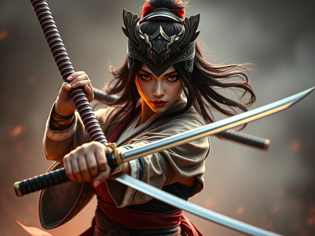 Surreal Japanese Warrior Maiden in Battle Stance, Holding Ki...