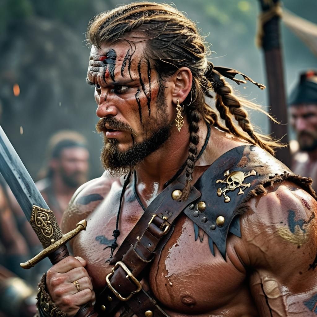 Brown-haired barbarian male pirate Hyperrealistic, splash ar...