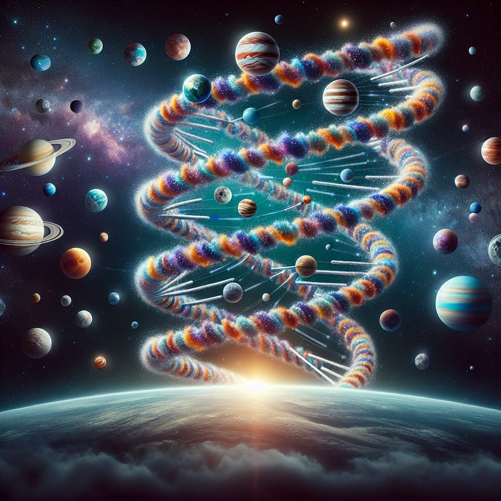Celestial DNA Helix with Miniature Planets