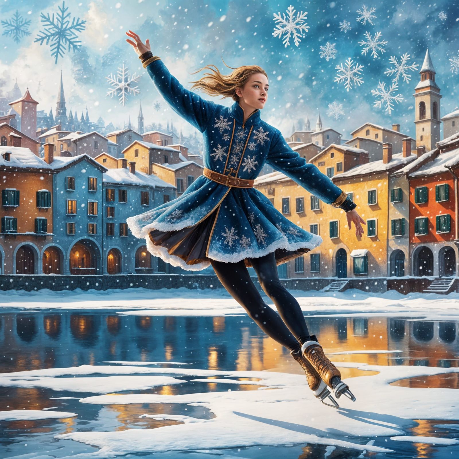 Snowy Italian Landscape with Figure Skating in Matte Paintin...