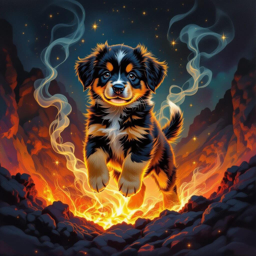 Golden Starlight Puppy Rises from Volcanic Crater