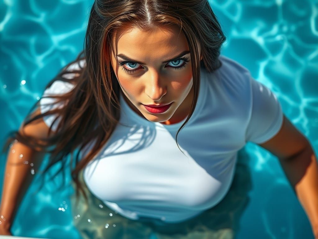 Voluptuous Woman in Wet T-Shirt, Hyperrealistic Style