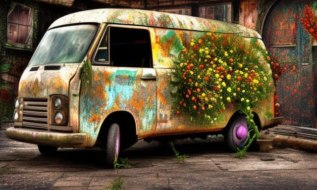 Lost Van in Flower Field: Hyperrealistic 8K Detail
