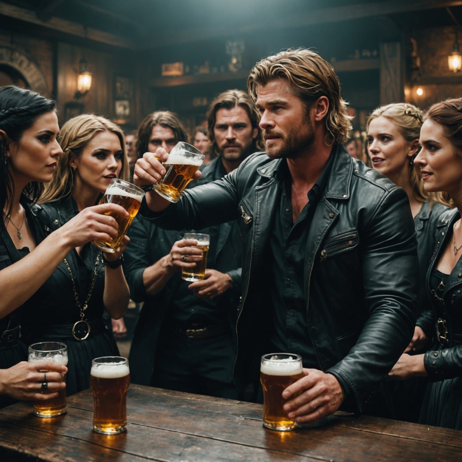 Chris Hemsworth with Goth Girls: Cinematic Film Still
