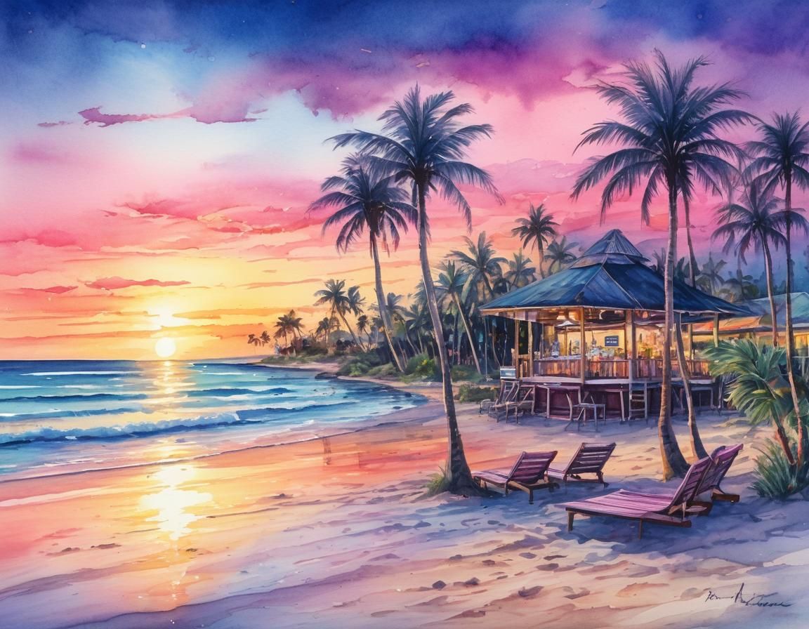 Tropical Beach Sunset: Minimalist Watercolor Painting