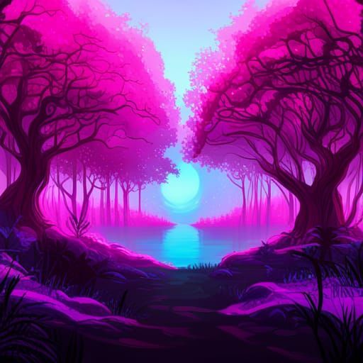 Synthwave Valley View with Mysterious Animals